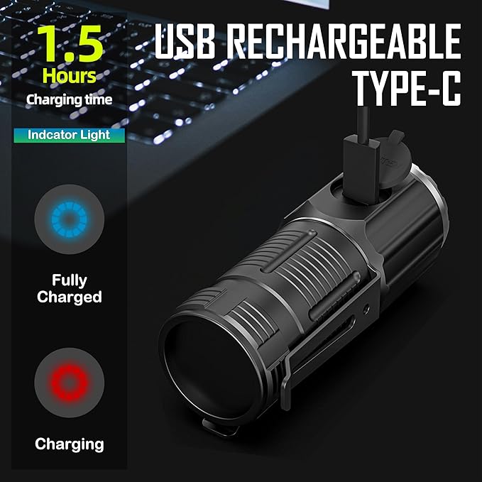 LED Small Flashlights Powerful, Rechargeable Pocket Flashlight, IP54 Mini Flashlights High Lumens EDC Flashlight with 5 Modes for Outdoor, Home, Emergency,Camping, Working (1 Piece)