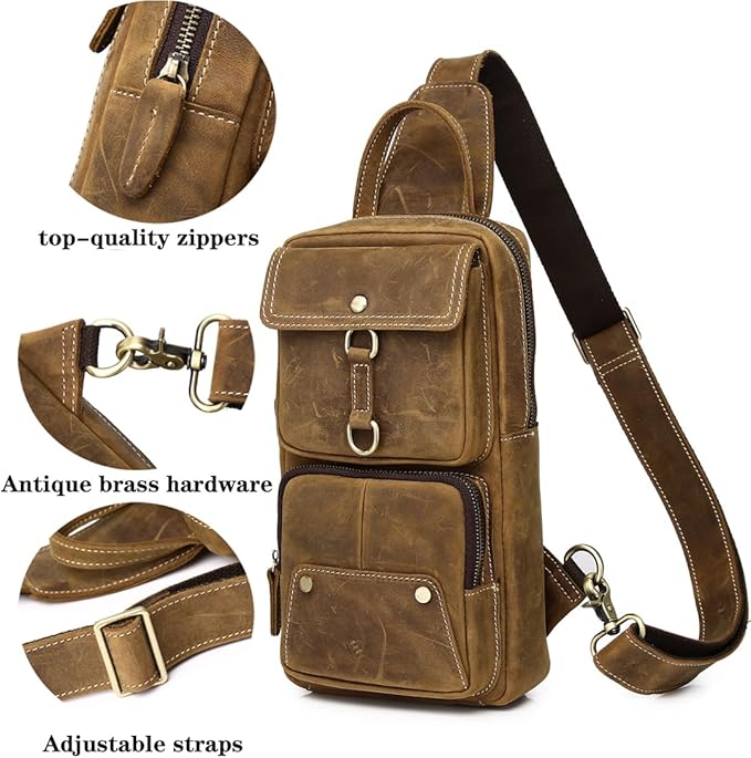 KPYWZER Sling Bag Men Women Vintage Full Grain Genuine Leather Shoulder Backpack Satchel Chest Casual Daypack Crossbody Outdoor Day Pack Backpacks Brown