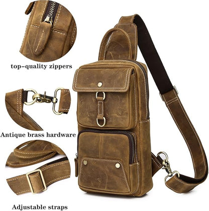 KPYWZER Sling Bag Men Women Vintage Full Grain Genuine Leather Shoulder Backpack Satchel Chest Casual Daypack Crossbody Outdoor Day Pack Backpacks Brown