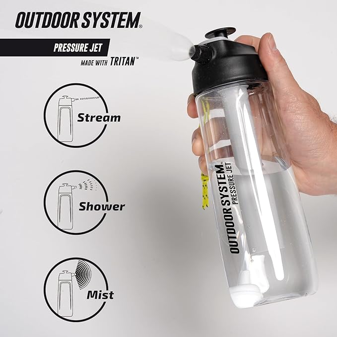 Outdoor System Pressure Jet Spray Bottle 700 ML Black Versatile Bottle Sprayer: w/Jet, Shower or Mist Settings, Portable, Hand Body Wash, Heat or Tanning Face Mister, Beach, Gym, Camping, Boating