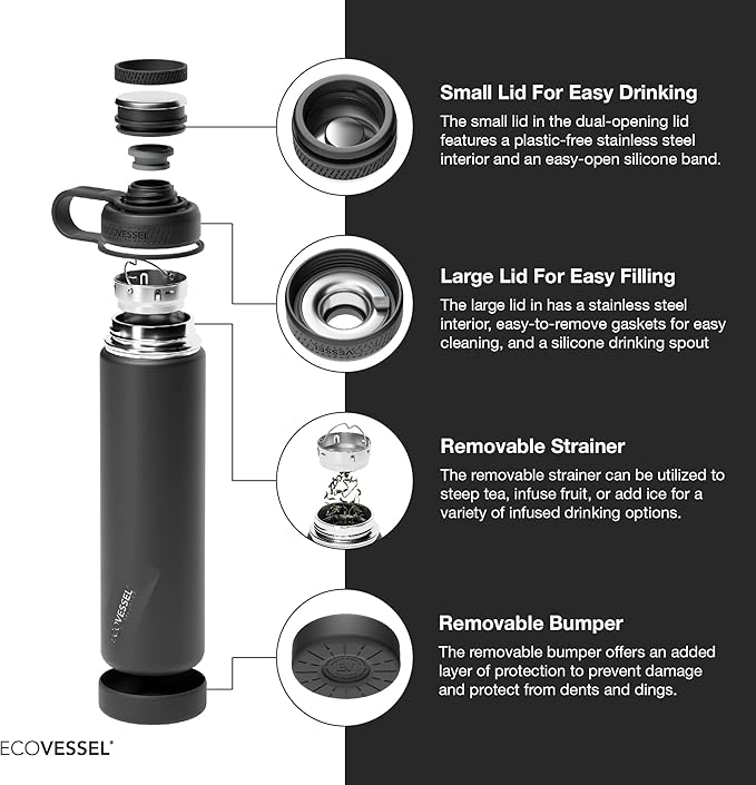 EcoVessel Stainless Steel Water Bottle with Insulated Dual Lid, Insulated Water Bottle with Strainer and Silicone Bottle Bumper, Coffee Mug – 24oz (Forest Horizon)