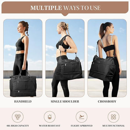 Maelstrom Gym Bag for Women,40L Travel Duffel Bag with Shoes Compartment and Wet Pocket,Waterproof Carry On Weekender Bag,Sport Gym Tote Bags Swimming Yoga, Hospital Holdalls-Black