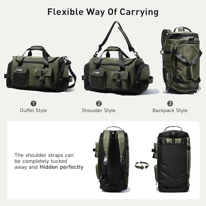 Duffel Backpack 22.5L With Shoe Compartment Waterproof Olive Green Gym Bag Travel Duffle Backpacks Weekend Shoulder Carry On Bag (3 In 1)