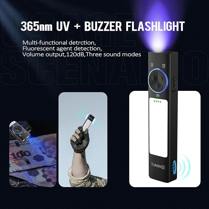 YC8003 365nm Black Light Flashlight, 1000 Lumen White Light EDC Pocket Flashlight, USB C Rechargeable Flat Flashlight for Hiking, Camping, Outdoor Distress, Pet Urine Detection（6500K）