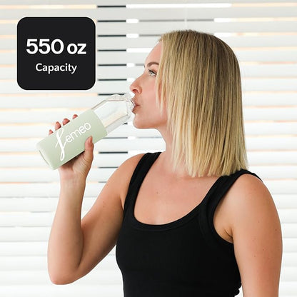 Femeo® Glass Water Bottle for Women | Eco, Yoga & Gym Friendly, 18oz | 100% Leakproof, BPA-Free, Dishwasher Safe, Borosilicate Drinking Glass Bamboo Sports Cap Mint