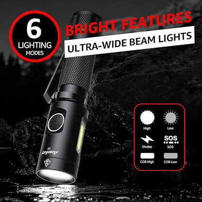 A5 Flashlight,EDC Flashlight with Magnet, 2Pack Mini Tactical Flashlight,Dual Fuel Max 700 High Lumens,6 Modes,Cob worklight for Camping, Emergency(Not Included Battery) Gift