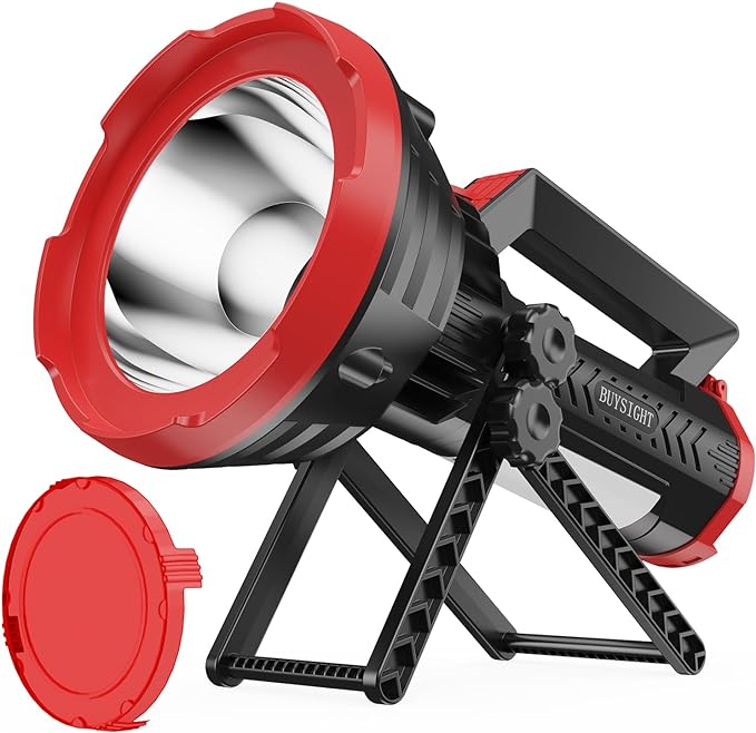BUYSIGHT Rechargeable Spotlight Flashlight, 1000,000 lumens 600 Yards Range IP65 Waterproof Spot Lights Handheld Large searchlight with red Lens Side Flood Light Light USB C Recharge (Crimson Plus)