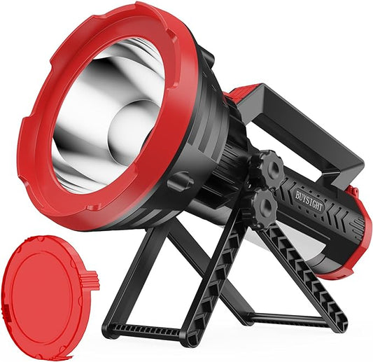 BUYSIGHT Rechargeable Spotlight Flashlight, 1000,000 lumens 600 Yards Range IP65 Waterproof Spot Lights Handheld Large searchlight with red Lens Side Flood Light Light USB C Recharge (Crimson Plus)