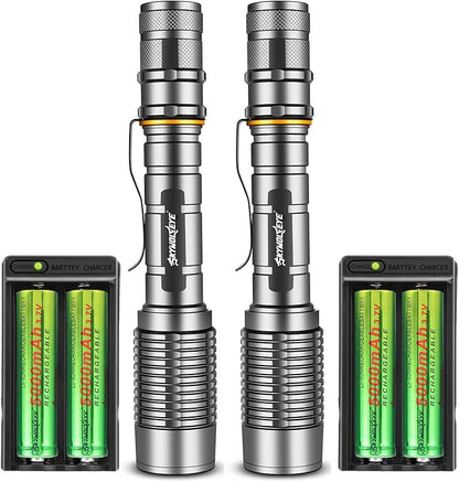 Led Flashlight 2 Pack Super Bright Flashlights Rechargeable High Lumens Torch 5 Modes Zoomable Waterproof for Camping Kids Adults Outdoor Hiking Emergency (Brown)