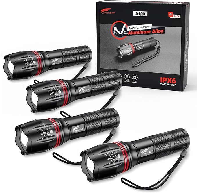 HAUSBELL LED A100 Flashlight Bright, Zoomable Tactical Flashlights Flash Light with 2000 High Lumens and Five Modes for Emergency and Outdoor Use Camping Accessories, 4 Pack