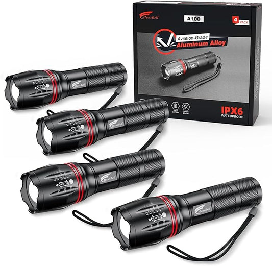 HAUSBELL LED A100 Flashlight Bright, Zoomable Tactical Flashlights Flash Light with 2000 High Lumens and Five Modes for Emergency and Outdoor Use Camping Accessories, 4 Pack