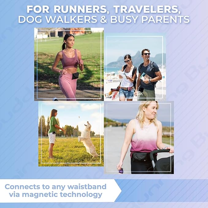 Running Buddy Magnetic Buddy Pouch, Beltess, Chafe and Bounce Free, Runners Fanny Pack, Phone Holder, Great for Running, Walking, Traveling & More, for Men & Women - 6-3/4” L x 4” W - Black and Pink