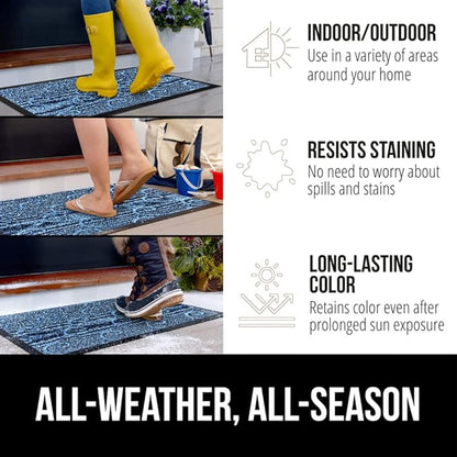 GORILLA GRIP 100% Waterproof All-Season WeatherMax Doormat, 23x35, Durable Natural Rubber, Stain and Fade Resistant, Low Profile, Indoor Outdoor Doormats, Easy Clean Patio Entry Mat, Ocean Blue Waves