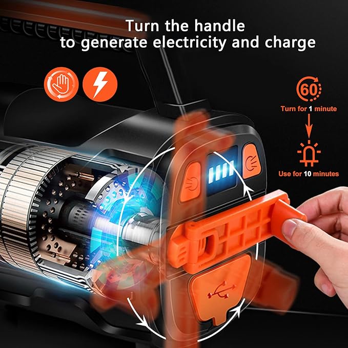 Handheld Spotlight Searchlight, Rechargeable 35W High Lumen Waterproof Ultra Bright LED Hand Crank Flashlight, Portable USB Power Bank With Long-lasting Battery For Camping, Outdoor, Emergency