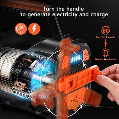 Handheld Spotlight Searchlight, Rechargeable 35W High Lumen Waterproof Ultra Bright LED Hand Crank Flashlight, Portable USB Power Bank With Long-lasting Battery For Camping, Outdoor, Emergency