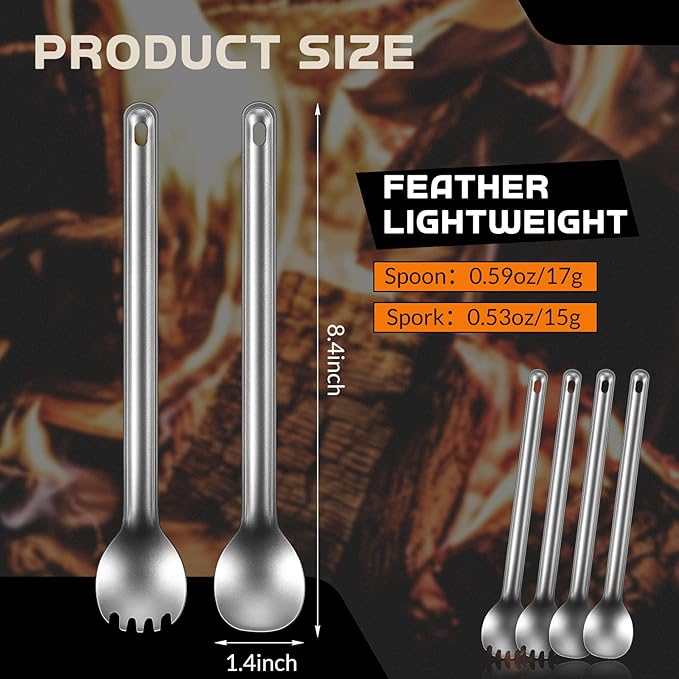 4 Pieces Titanium Long Handle Spork and Spoon 8.4 Inch Ultralight Portable Flatware Lightweight Soup Spoon Camping Spork Utensil for Outdoor Camping Backpacking Hiking Travel Picnic (Silver)
