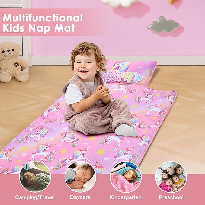 Kids Sleeping Bag Nap Mat with Removable Pillow and Blanket,Extra Thick Large 2 in 1 Slumber Bags for Boys Girls,Toddler Nap Mat for Preschool Daycare Travel Camping