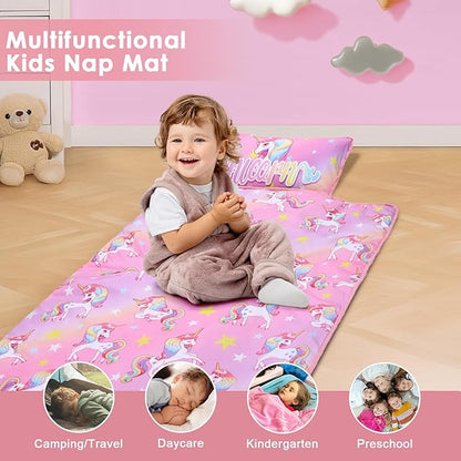 Kids Sleeping Bag Nap Mat with Removable Pillow and Blanket,Extra Thick Large 2 in 1 Slumber Bags for Boys Girls,Toddler Nap Mat for Preschool Daycare Travel Camping