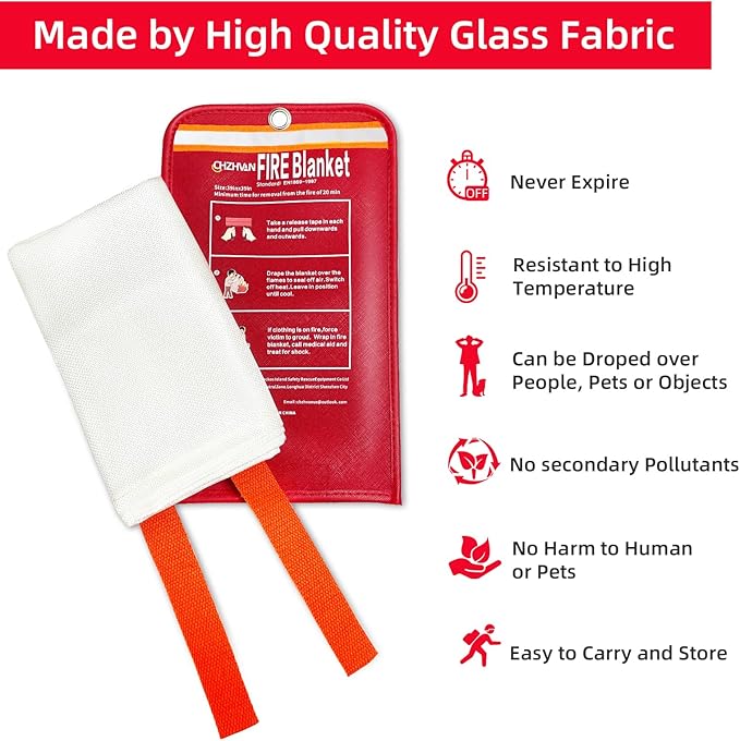 Fire Blanket for Home and Kitchen, Premium Fiberglass [No Harm to Skin], 39.3" X 39.3" Emergency Fire Suppression Blanket with 4 Hooks for Car, Garage, Office & Camping, 4 Pack