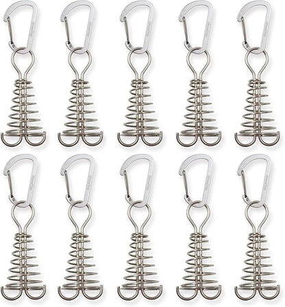 10Pcs Deck Anchor Pegs with Carabiner Clips & Spring Buckle, Stainless Steel Tent Rope Tightener, Deck Plank Board Tent Stakes, Cord Adjuster Tensioner for Camping Hiking Tent Accessories(Silver)