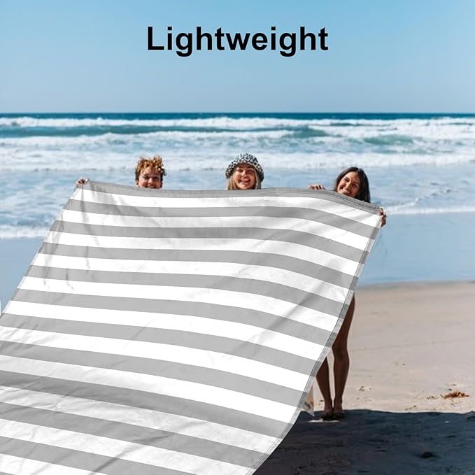 Large Beach Blanket Sandproof Waterproof, Grey Stripe Compact Beach Mat Sand Free, Portable Lightweight Picnic Mat w/Stakes & Corner Pockets for Outdoor, Travel, Camping, Hiking