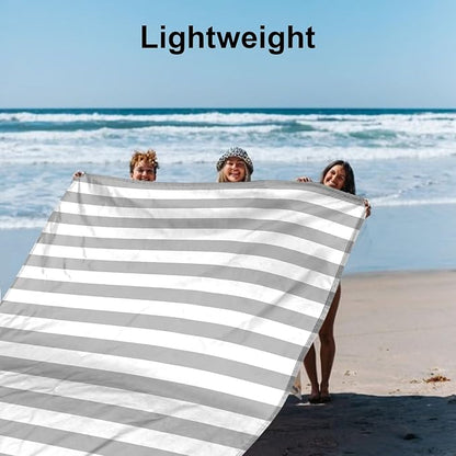 Large Beach Blanket Sandproof Waterproof, Grey Stripe Compact Beach Mat Sand Free, Portable Lightweight Picnic Mat w/Stakes & Corner Pockets for Outdoor, Travel, Camping, Hiking