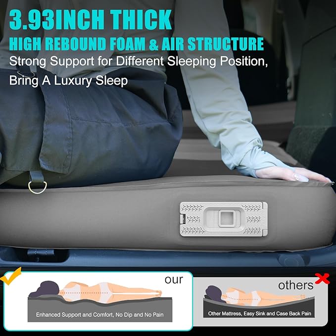 Camping Air Mattress for Tesla Model Y with Built-in Electric Air Pump, 3.93“ Extra Thick Foam Self Inflating Sleeping Pad for Camping, Fast Inflate & Deflate, 9.5 R-Value Car Camping Pads Bed