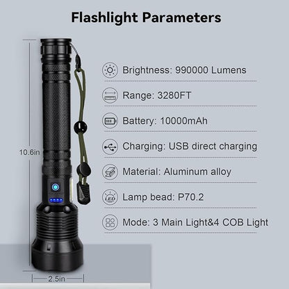 Flashlights High Lumens Rechargeable, Super Bright 990000 Lumens Flashlights with USB Cable, Brightest LED Flashlight for Emergencies, High Powered Flash Light IPX6 Waterproof 7 Light Modes Zoomable