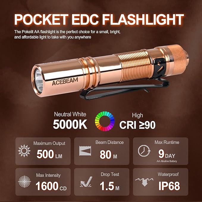 ACEBEAM Pokelit AA Rechargeable Mini Flashlight with Clip, 500 High Lumens Pocket EDC Flashlight, Super Bright Small Flashlight,519A 90+ High CRI Led Flashlight for Camping,Hiking,Everyday Use(Copper)