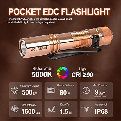 ACEBEAM Pokelit AA Rechargeable Mini Flashlight with Clip, 500 High Lumens Pocket EDC Flashlight, Super Bright Small Flashlight,519A 90+ High CRI Led Flashlight for Camping,Hiking,Everyday Use(Copper)
