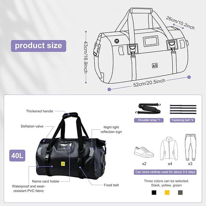 Waterproof Duffel Bag，Roll-Top Heavy Duty Dry Duffle Bag，Motorcycle Dry Bag，with Large Storage Space, Perfect for Traveling, Camping, Kayaking, Fishing & Canoeing (Carbon fiber black, 40L)