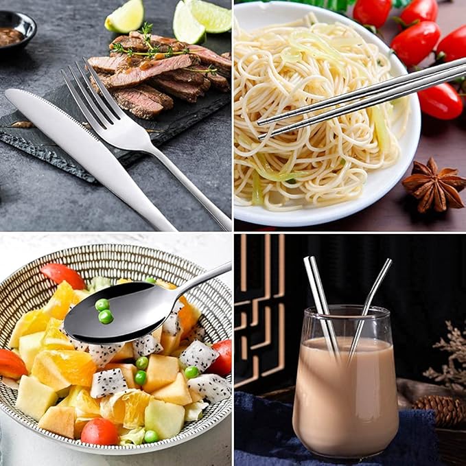 Travel Utensils with Case, Portable Travel Utensils Cutlery Set Stainless Steel Flatware Set for Camping 8pcs Including Dinner Knife Fork Spoon Chopsticks Boba Straw (Silver)