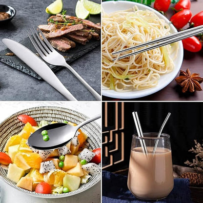 Travel Utensils with Case, Portable Travel Utensils Cutlery Set Stainless Steel Flatware Set for Camping 8pcs Including Dinner Knife Fork Spoon Chopsticks Boba Straw (Silver)