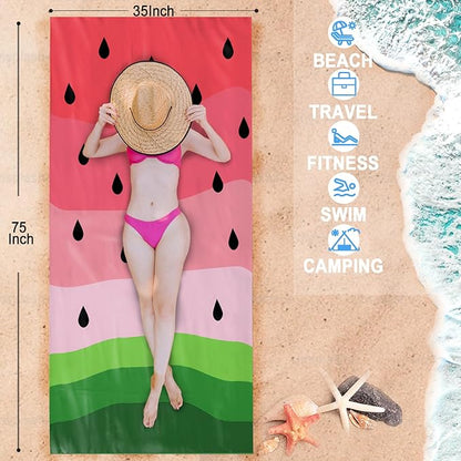 Bnuitland Watermelon Pattern Beach Towel (35X75 inches), Oversized Quick Drying Absorbent Sand Free, Cute Towels for Travel Swimming Pool Picnic, 88% Polyester and 12% Polyamide,Red and Green