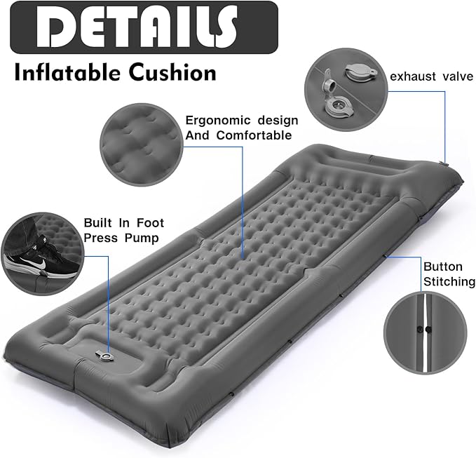 Camping Sleeping Pads，Extra Thick 5 Inch Inflatable Sleeping Mat with Pillow Built-in Pump，Oversized Mattress Super Portable Backpacking Sleeping Pad (Grey-Single)