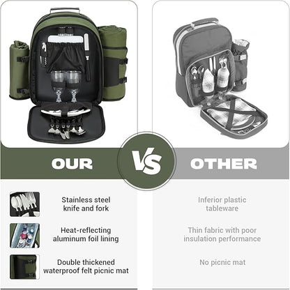 22L Insulated Picnic Basket Leak Proof Picnic Backpack for 2, Green Camping Gifts, Cool Bridal Shower Gifts for Bride and Groom, Mr and Mrs, Anniversary Engagement Wedding for Newly Engaged Couples