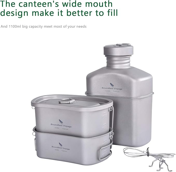 Boundless Voyage Titanium Military Canteen with Camouflage Bags Large Capacity Kidney Shape with Lid and Hanging Chain