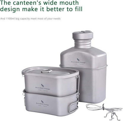 Boundless Voyage Titanium Military Canteen with Camouflage Bags Large Capacity Kidney Shape with Lid and Hanging Chain