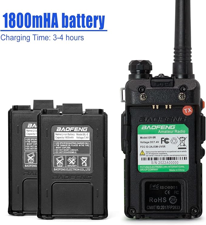 BaoFeng Radio UV-5R 2-Pack Walkie Talkies Include 4 Batteries, Handheld Ham Radio with Greaval GV-771 High Gain Antenna and Programming Cable (Black)