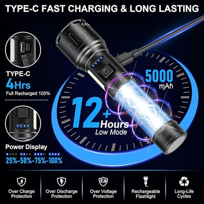 Flashlights 100,000 High Lumens Rechargeable - Super Bright LED Magnetic Flashlight with Sidelight 8 Modes Waterproof Powerful Handheld Flash Light for Emergency (2 Pack with Leather Box, Black)