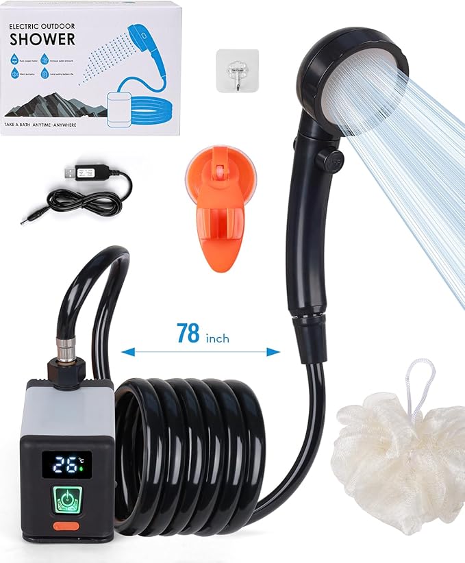 High Pressure Camping Shower, Portable Outdoor Shower with High-Speed Brushless Motor - 6000mAh, 2000RPM Water Pump, 3 Spray Settings for Hiking, Car Wash, Pet Cleaning, Beach Vacations