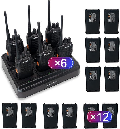 GV-8S Long Range Walkie Talkies with Six-Way Multi-Unit Charger for Adults, 6 Pack Rechargeable Walkie Talkies with 12 Li-ion Batteries, Two-Way Radio with Earpieces and Mic