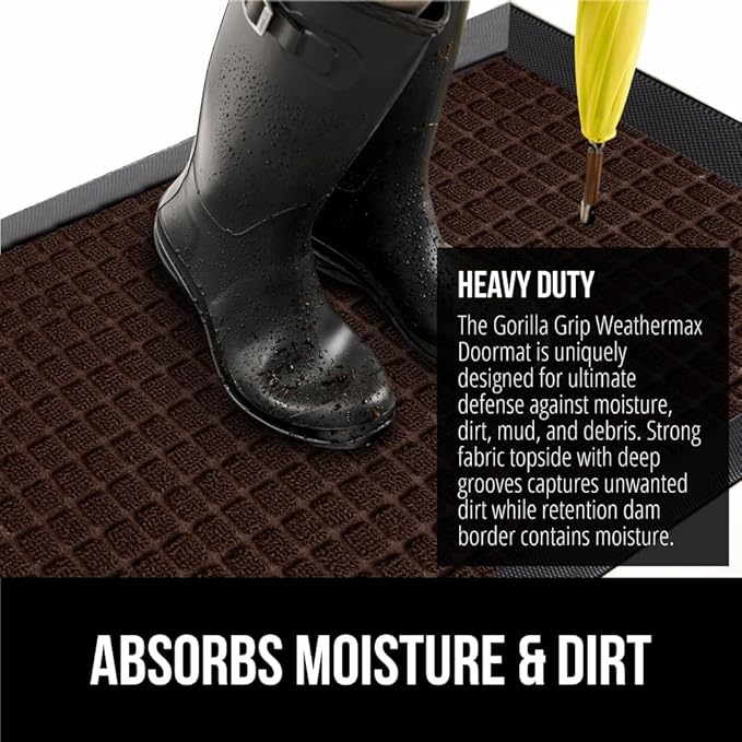 GORILLA GRIP 100% Waterproof All-Season WeatherMax Doormat, 47x35, Durable Natural Rubber, Stain and Fade Resistant, Low Profile, Indoor Outdoor Door Mats, Easy Clean Patio Entry Mat, Coffee Squares
