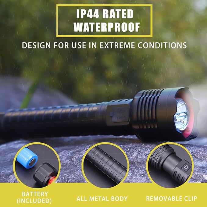 Rechargeable Led Flashlights 12000 Lumens Flashlight 9.3in Handheld Flashlights IP44 Waterproof Zoomable 5 Modes Waterproof Flash Lights for Emergency, Outdoor, Home, Camping, Hiking(Battery Free)