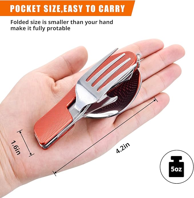 Camping Utensils 2 Pack,HIKENTURE 4-in-1 Stainless Steel Spoon, Fork, Knife, and Bottle Opener Combo - Lightweight and Portable Travel Eating Silverware for Hiking, Backpacking, and Picnic (Red 2pack)