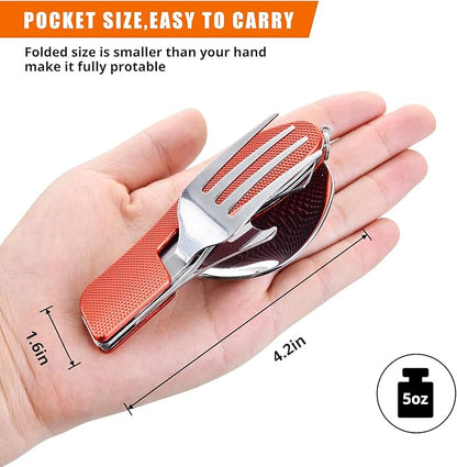 Camping Utensils 2 Pack,HIKENTURE 4-in-1 Stainless Steel Spoon, Fork, Knife, and Bottle Opener Combo - Lightweight and Portable Travel Eating Silverware for Hiking, Backpacking, and Picnic (Red 2pack)