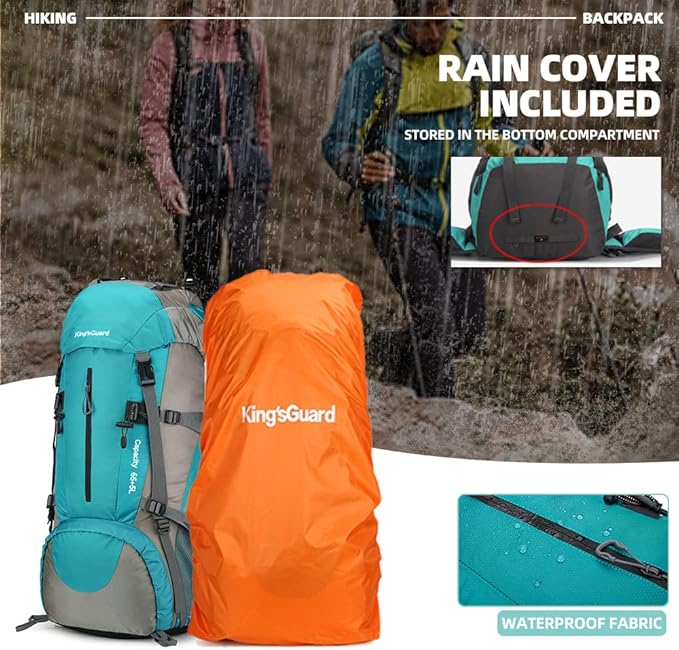 King'sGuard 70L Hiking Backpack Large Lightweight Waterproof Camping Backpack Travel Backpacking Backpack Daypack with Rain Cover -Frameless (Lake Blue)