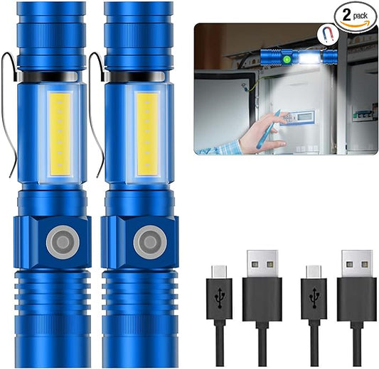 Flashlight USB Rechargeable, Magnetic LED Flashlight, Super Bright LED Tactical Flashlight with Cob Sidelight, 2000LM, Waterproof, Zoomable Best Small LED Flashlight for Camping, Emergency - Blue