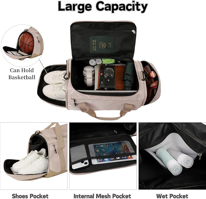 Gym Bag for Men Women, Large Sports Travel Duffle Bag with Wet Pocket & Shoe Compartment, 35L Waterproof Lightweight Carry On Overnight Weekender Bag for Workout, Fitness, Business - Beige