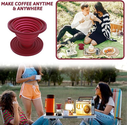Collapsible Pour Over Coffee Dripper, Reusable Silicone Filter Holder, Travel Portable Pour Over Coffee Maker for Camping Picnic Party Traveling Office(Red)